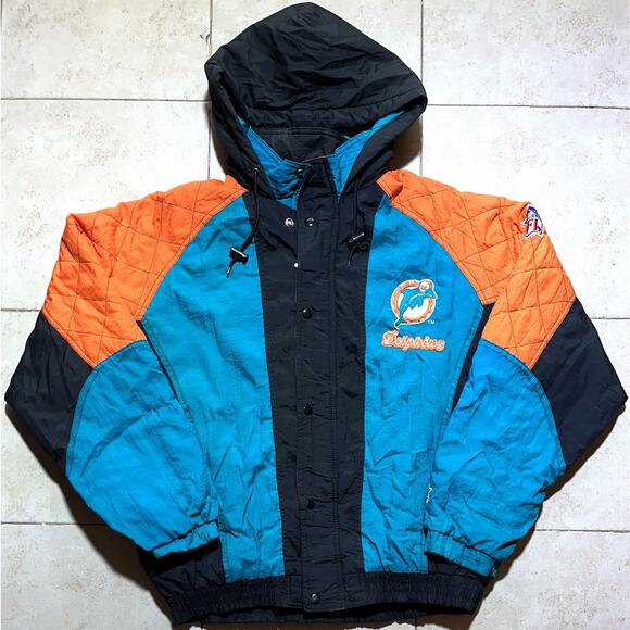 Miami Dolphins 90s STARTER puffer jacket M coat Black teal orange NFL vintage - Picture 2 of 6